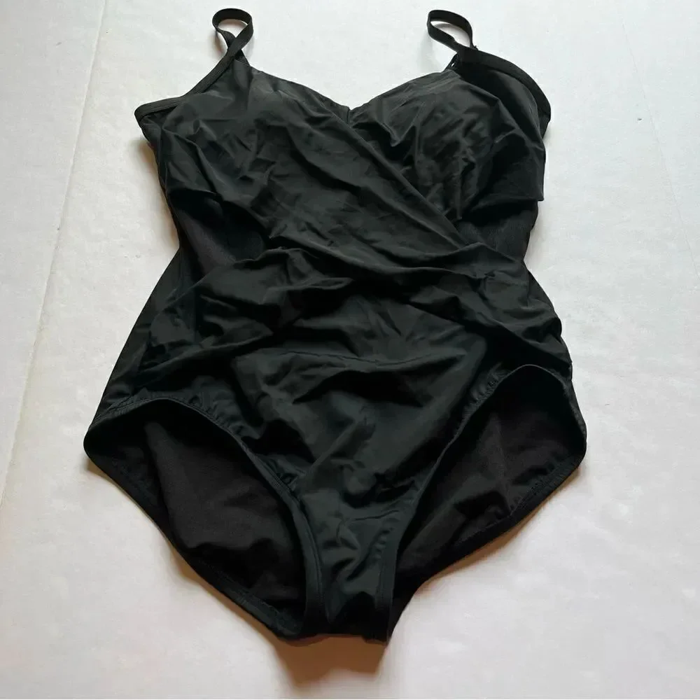 Embrace Your Curves by Miracle Women's One piece Black V neck Swim Suit Size 1X